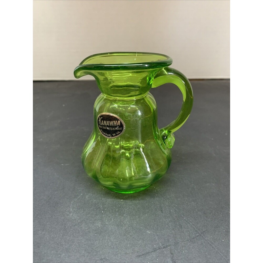 Kanawha Glass - Vintage - Handmade Green Glass Creamer / Small Pitcher 4” Glows